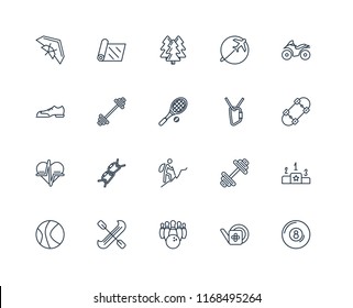 Set Of 20 linear icons such as Billiard, Gardening, Bowling, Canoe, Basketball, Motorcycle, Climbing, Hiking, Heart rate, Workout, Forest, editable stroke vector icon pack