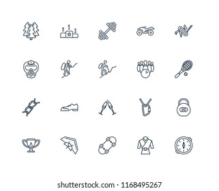 Set Of 20 linear icons such as Compass, Martial art, Skateboard, Hang glider, Cup, Multitool, Bowling, out, Climb, Mountaineering, Dumbbell, editable stroke vector icon pack