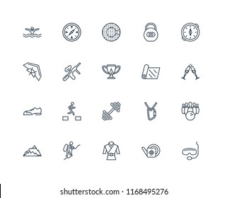 Set Of 20 linear icons such as Snorkel, Gardening, Martial art, Mountaineering, Mountain, Compass, Yoga mat, Dumbbell, Shoes, Paintball, Zorbing, editable stroke vector icon pack