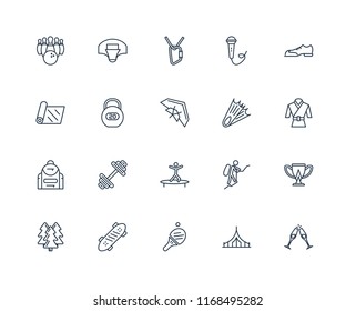 Set Of 20 linear icons such as Hang out, Camping, Table tennis, Skate, Forest, Shoes, Diving, Jumping, Backpack, Workout, Climbing, editable stroke vector icon pack