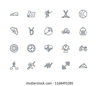 Set Of 20 linear icons such as Mountain, Dumbbell, Multitool, Paintball, Parkour, Basketball, Buggy, Heart rate, Zorbing, Climbing, Mountaineering, editable stroke vector icon pack