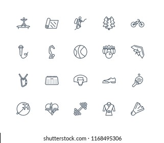 Set Of 20 linear icons such as Badminton, Martial art, Dumbbell, Heart rate, Travelling, Bmx, Bowling, Basketball, Climbing, Yoga, Mountaineering, editable stroke vector icon pack