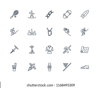 Set Of 20 linear icons such as Shoes, Billiard, Smartwatch, Party, Beer pong, Surfboard, Downhill, Martial art, Pogo stick, Pedestal, Climb, editable stroke vector icon pack