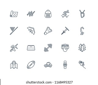 Set Of 20 linear icons such as Downhill, Smartwatch, Buggy, Rugby ball, Map, Climbing, Pogo stick, Dumbbell, Paintball, Hang glider, Backpack, editable stroke vector icon pack