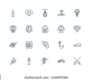 Set Of 20 linear icons such as Fencing, Baseball field, Parachuting, Jumping, Table tennis, Basketball, Singing, Paintball, editable stroke vector icon pack