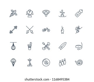 Set Of 20 linear icons such as Gardening, Bowling, Billiard, Warming up, Parachuting, Water bottle, Fishing, Canoe, Punching bag, Fencing, Baseball field, editable stroke vector icon pack