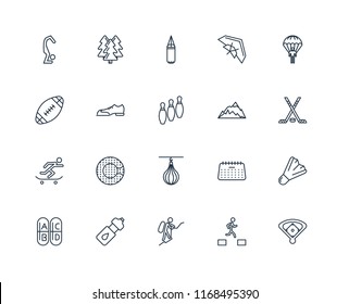 Set Of 20 linear icons such as Baseball field, Hockey, Parachuting, Hang glider, Vitamin, Forest, Calendar, Rugby ball, editable stroke vector icon pack