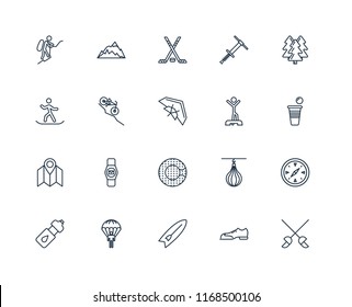 Set Of 20 linear icons such as Fencing, Shoes, Surfboard, Parachuting, Water bottle, Forest, Warming up, Zorbing, Map, Downhill, Hockey, editable stroke vector icon pack