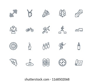 Set Of 20 linear icons such as Yoga mat, Compass, Vitamin, Golf, Hang glider, Skate, Parkour, Bowling, Zorbing, Biking, Diving, editable stroke vector icon pack