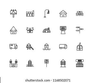 Set Of 20 linear icons such as Bank, Hut, Parking, Aparment, Castle, Houseboat, Atm, Beach Truck, Mansion, Traffic light, editable stroke vector icon pack
