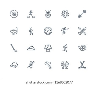 Set Of 20 linear icons such as Hockey, Archery, Gym, Kayak, Camping tent, Workout, Mountaineering, Martial art, Hockey stick, Walking, Medal, editable stroke vector icon pack