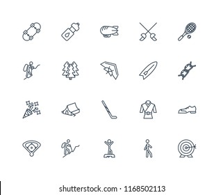 Set Of 20 linear icons such as Archery, Walking, Warming up, Hiking, Baseball field, Tennis racket, Surfboard, Hockey stick, Party, Forest, Airship, editable stroke vector icon pack