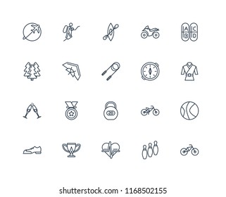 Set Of 20 linear icons such as Bmx, Bowling, Heart rate, Cup, Shoes, Vitamin, Compass, Workout, Hang out, glider, Kayak, editable stroke vector icon pack