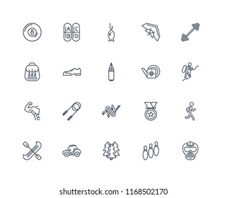 Set Of 20 linear icons such as Paintball, Bowling, Forest, Buggy, Canoe, Workout, Gardening, Multitool, Gym, Shoes, Fishing, editable stroke vector icon pack