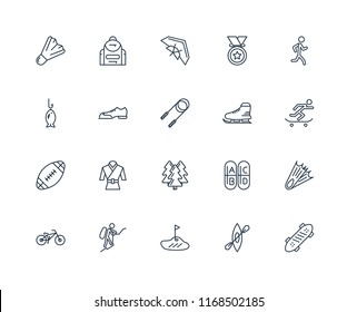 Set Of 20 linear icons such as Skate, Kayak, Golf, Mountaineering, Biking, Jogging, Ice skating, Forest, Rugby ball, Shoes, Hang glider, editable stroke vector icon pack