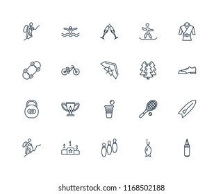 Set Of 20 linear icons such as Boxing, Fishing, Bowling, Pedestal, Hiking, Martial art, Forest, Beer pong, Workout, Biking, Hang out, editable stroke vector icon pack
