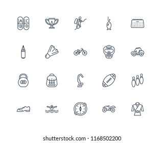 Set Of 20 linear icons such as Martial art, Quad, Compass, Swimming, Shoes, Calendar, Paintball, Yoga, Workout, Badminton, Mountaineering, editable stroke vector icon pack