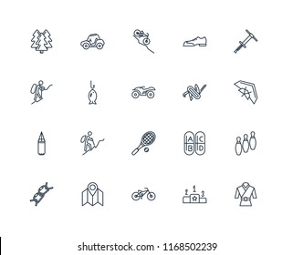 Set Of 20 linear icons such as Martial art, Pedestal, Biking, Map, Climb, Pogo stick, Multitool, Tennis racket, Boxing, Fishing, Downhill, editable stroke vector icon pack