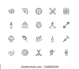 Set Of 20 linear icons such as Smartwatch, Mountaineering, Hockey, Zorbing, Snorkel, Vitamin, Parkour, Bowling, Martial art, Map, Compass, editable stroke vector icon pack