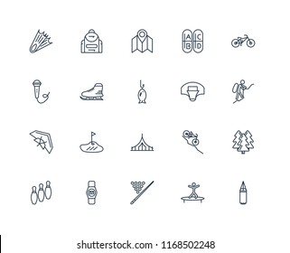 Set Of 20 linear icons such as Boxing, Jumping, Billiard, Smartwatch, Bowling, Biking, Basketball, Camping, Hang glider, Ice skating, Map, editable stroke vector icon pack