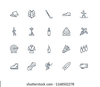 Set Of 20 linear icons such as Airship, Surfboard, Mountaineering, Skate, Ice skating, Snowboarding, Backpack, Fishing, Archery, Warming up, Hockey stick, editable stroke vector icon pack