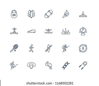 Set Of 20 linear icons such as Jump rope, Climb, Gym, Basketball, Hiking, Camping, Pedestal, Kayak, Tennis racket, Shoes, Skateboard, editable stroke vector icon pack