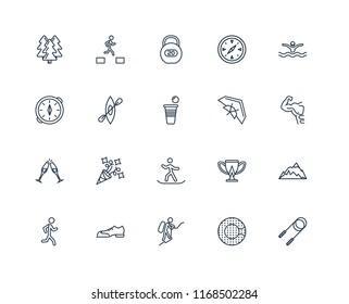 Set Of 20 linear icons such as Jump rope, Zorbing, Mountaineering, Shoes, Jogging, Swimming, Hang glider, Snowboarding, out, Kayak, Workout, editable stroke vector icon pack