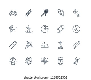 Set Of 20 linear icons such as Kayak, Medal, Heart rate, Forest, Martial art, Gym, Skateboard, Pedestal, Jump rope, Snowboarding, Tennis racket, editable stroke vector icon pack