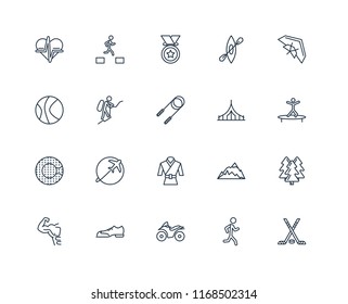 Set Of 20 linear icons such as Hockey, Jogging, Motorcycle, Shoes, Gym, Hang glider, Camping, Martial art, Zorbing, Mountaineering, Medal, editable stroke vector icon pack