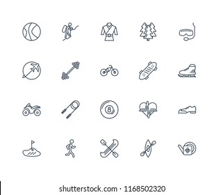 Set Of 20 linear icons such as Gardening, Kayak, Canoe, Jogging, Golf, Snorkel, Skate, Billiard, Motorcycle, Workout, Martial art, editable stroke vector icon pack