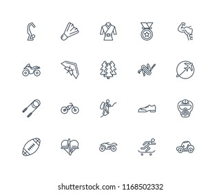 Set Of 20 linear icons such as Buggy, Skateboarding, Quad, Heart rate, Rugby ball, Gym, Multitool, Mountaineering, Jump rope, Hang glider, Martial art, editable stroke vector icon pack