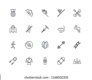Set Of 20 linear icons such as Pedestal, Skateboard, Smartwatch, Martial art, Jump rope, Canoe, Snorkel, Forest, Jogging, Kayak, Downhill, editable stroke vector icon pack