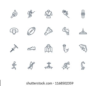 Set Of 20 linear icons such as Yoga, Skateboarding, Jumping, Kayak, Jogging, Smartwatch, Gym, Map, Pogo stick, Rugby ball, Martial art, editable stroke vector icon pack