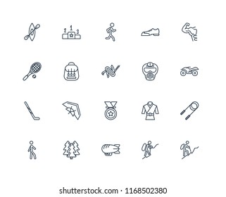 Set Of 20 linear icons such as Hiking, Mountaineering, Airship, Forest, Walking, Gym, Paintball, Medal, Hockey stick, Backpack, Jogging, editable stroke vector icon pack
