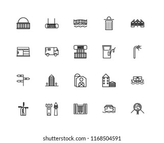 Set Of 20 linear icons such as Future House, Houseboat, Flash Apartment, Castle, Wind Mill, Gas station, Barn, , Truck, Bridge, editable stroke vector icon pack