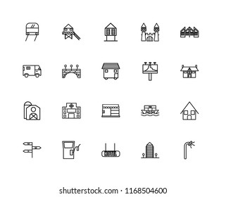 Set Of 20 linear icons such as Street lamp, Aparment, Hotel, Gas station, , Future House, Billboard, Store, Barn, Bridge, Hut, editable stroke vector icon pack