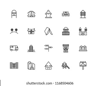 Set Of 20 linear icons such as Billboard, Stilt Home, Bungalow, Barn, Flash Apartment, Hut, Government buildings, , Truck, Mansion, Hydrant, editable stroke vector icon pack