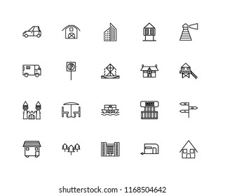 Set Of 20 linear icons such as Bungalow, Caravan, Flash Apartment, Trees, House On Wheels, Lighthouse, Mansion, Houseboat, Castle, Parking, Aparment, editable stroke vector icon pack
