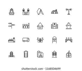 Set Of 20 linear icons such as Bungalow, Hut, Barn, Building, Aparment, Street lamp, Hospital, Mansion, Factory, Wigwam, editable stroke vector icon pack