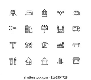 Set Of 20 linear icons such as House On Wheels, Aparment, Hydrant, Bungalow, Castle, Houseboat, Barn, Street lamp, Supermarket, Hut, editable stroke vector icon pack