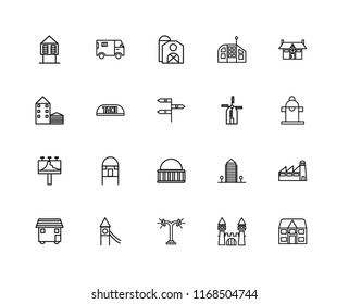 Set Of 20 linear icons such as Detached, Castle, Street lamp, Playground, House On Wheels, Mansion, Wind Mill, Museum, Billboard, Taxi, Barn, editable stroke vector icon pack