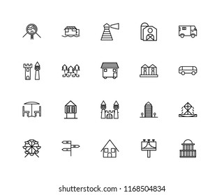 Set Of 20 linear icons such as Government buildings, Car, Truck, Barn, Ferris wheel, Houseboat, Aparment, Castle, editable stroke vector icon pack
