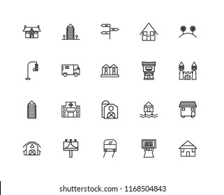 Set Of 20 linear icons such as Bungalow, Atm, Subway, Billboard, Barn, Flowers, Motel, Skyscraper, Truck, , editable stroke vector icon pack