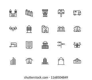 Set Of 20 linear icons such as Yurt, Arbor, Aparment, Barn, Truck, Terraced Houses, Government buildings, Caravan, Hut, Motel, editable stroke vector icon pack