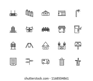 Set Of 20 linear icons such as Wind Mill, Trash, Truck, , Flash Apartment, Street lamp, House On Wheels, Bungalow, Hut, Mansion, Yurt, editable stroke vector icon pack