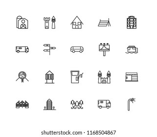 Set Of 20 linear icons such as Street lamp, Truck, Park, Aparment, Future House, Motel, Billboard, Gas station, , Bungalow, editable stroke vector icon pack