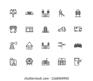 Set Of 20 linear icons such as Gas station, Detached, Future House, Ferris wheel, Barn, Hut, Car, Mansion, Lighthouse, Store, Castle, editable stroke vector icon pack