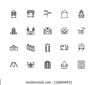Set Of 20 linear icons such as Flash Apartment, Bungalow, Motel, Mansion, Swing, Chinese House, Building, Yurt, Castle, , editable stroke vector icon pack