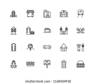 Set Of 20 linear icons such as Museum, Trash, Billboard, Bridge, Chinese House, Subway, Castle, Car, Building, Barn, editable stroke vector icon pack
