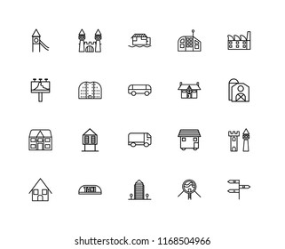 Set Of 20 linear icons such as, Future House, Aparment, Taxi, Bungalow, Factory, Mansion, Truck, Detached, Buildings, Houseboat, editable stroke vector icon pack